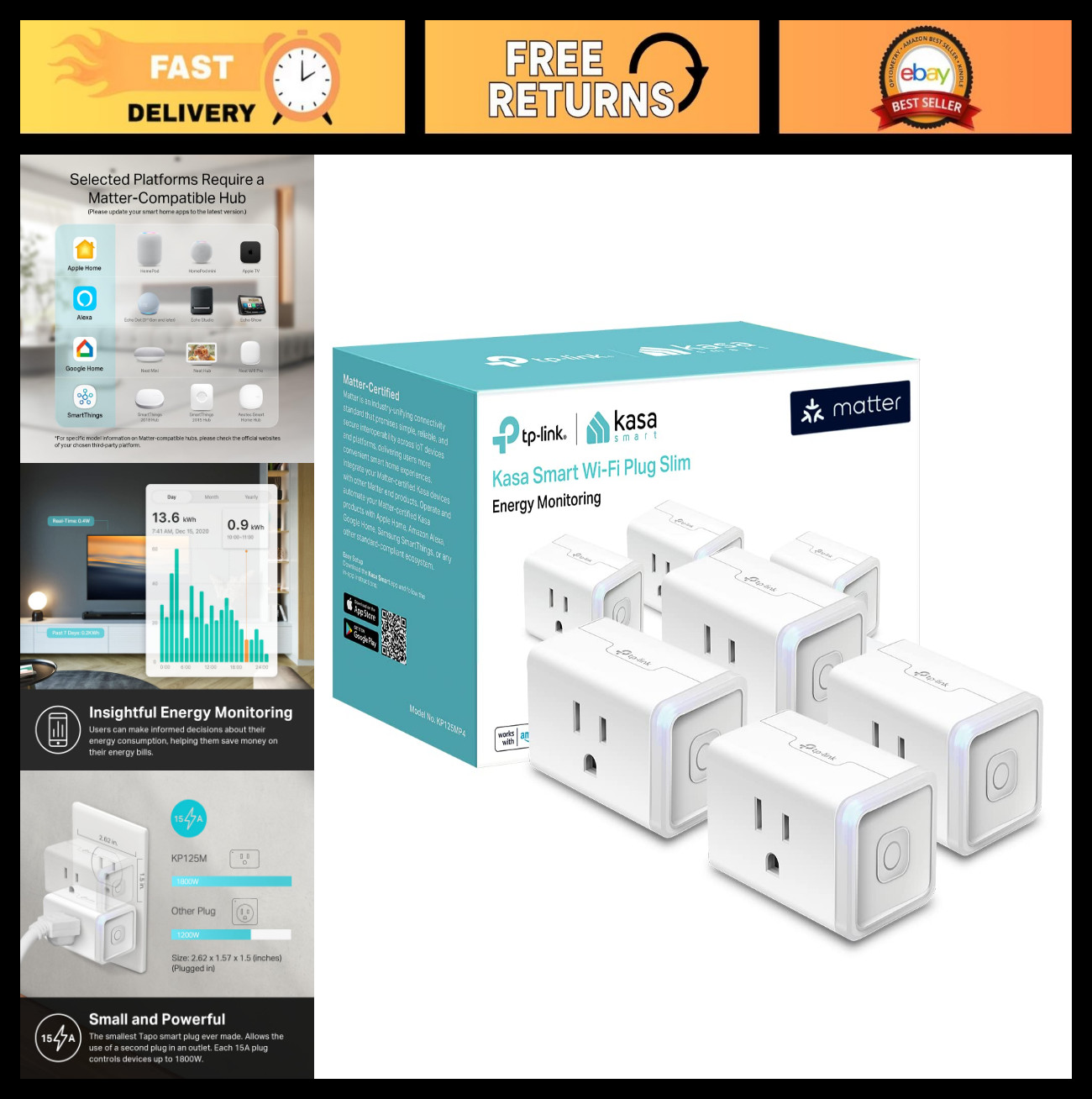 Smart Plug with Energy Monitoring, Compact Design, 15A, Easy Setup, Works with A