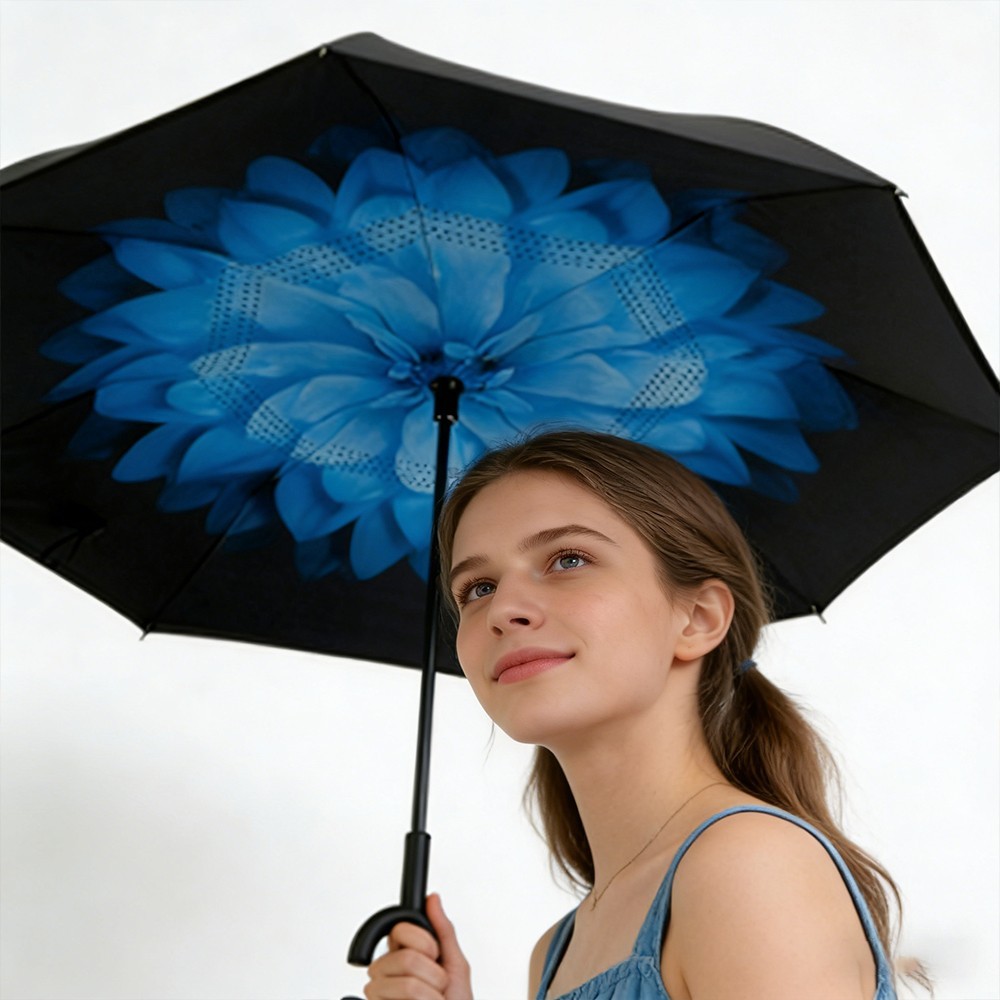 Reverse Umbrella with Blue Daisy Print – Windproof Double-Layer Inverted Folding