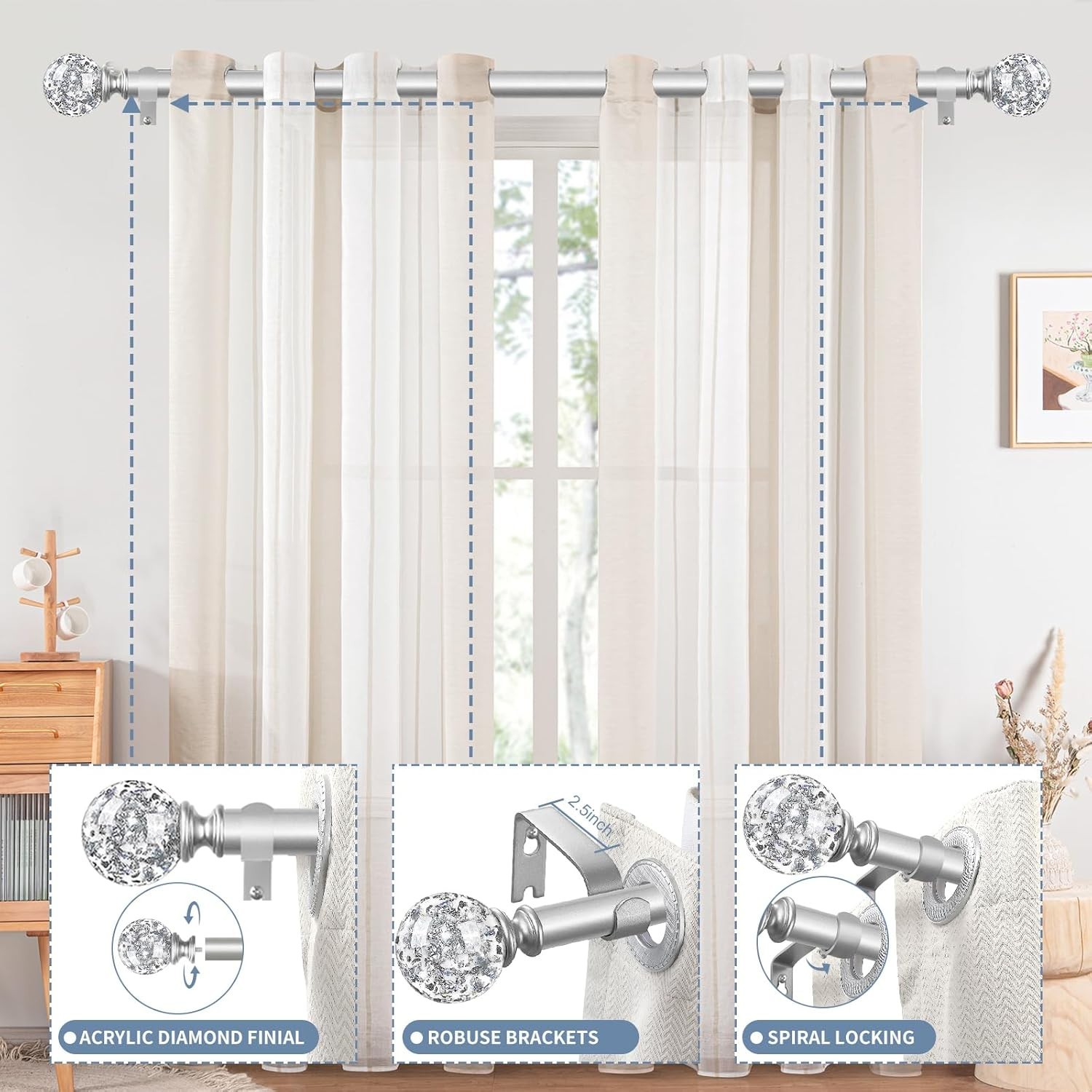 Decorative Curtain Rod with Crystal Finials Adjustable 18-45" Telescoping Silver