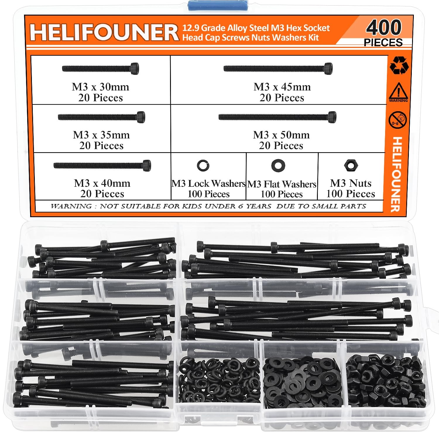 HELIFOUNER 400 Pieces M3 x 30mm /35mm /40mm /45mm /50mm, Hex Socket Head Cap ...