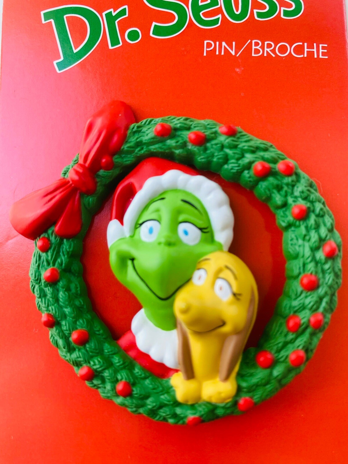 Hallmark Vintage Christmas Pin Dr. Seuss Grinch Max Wreath Brooch 1990’s Holiday