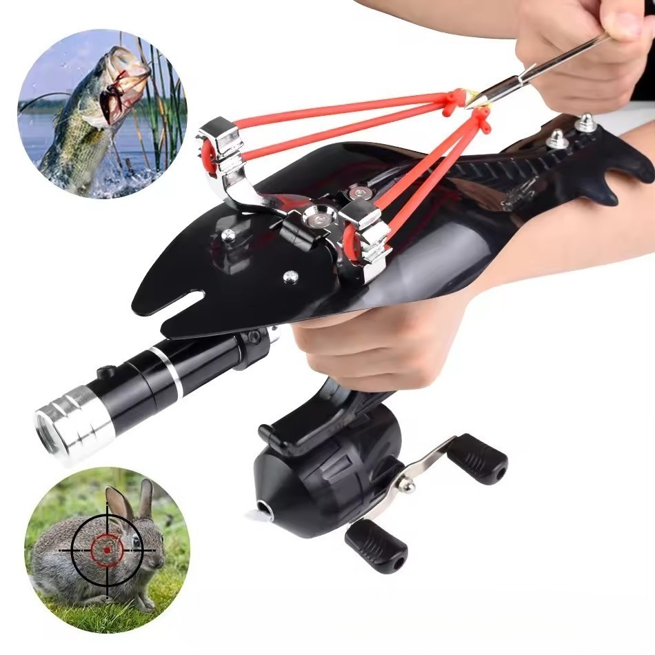 Black Fishing Slingshot Set for Outdoor Hunting Versatile Slingshot w/ Stainless