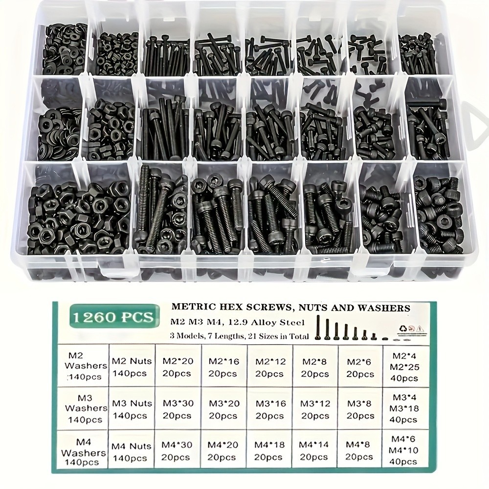 1260PCS Metric Bolt Nut Washer Set - 12.9 Steel for DIY & Repairs