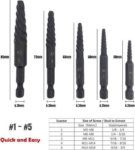 NORTOOLS 6 PCS Broken stud extractor kit Damaged onesize, 6 Pcs-coarse Thread