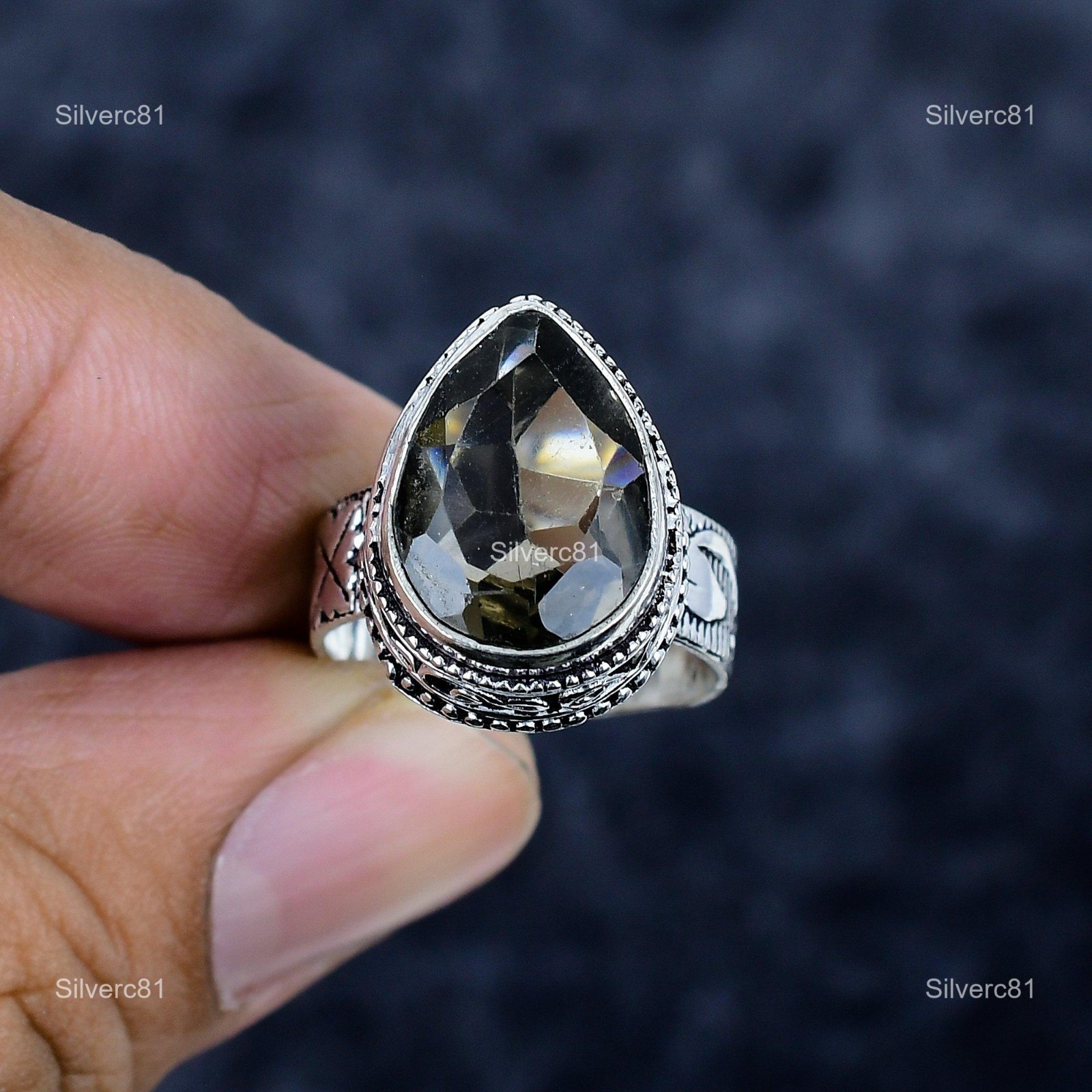 Sterling Silver Smoky Quartz Stone Statement Vintage Unique Bezel Ring Jewelry