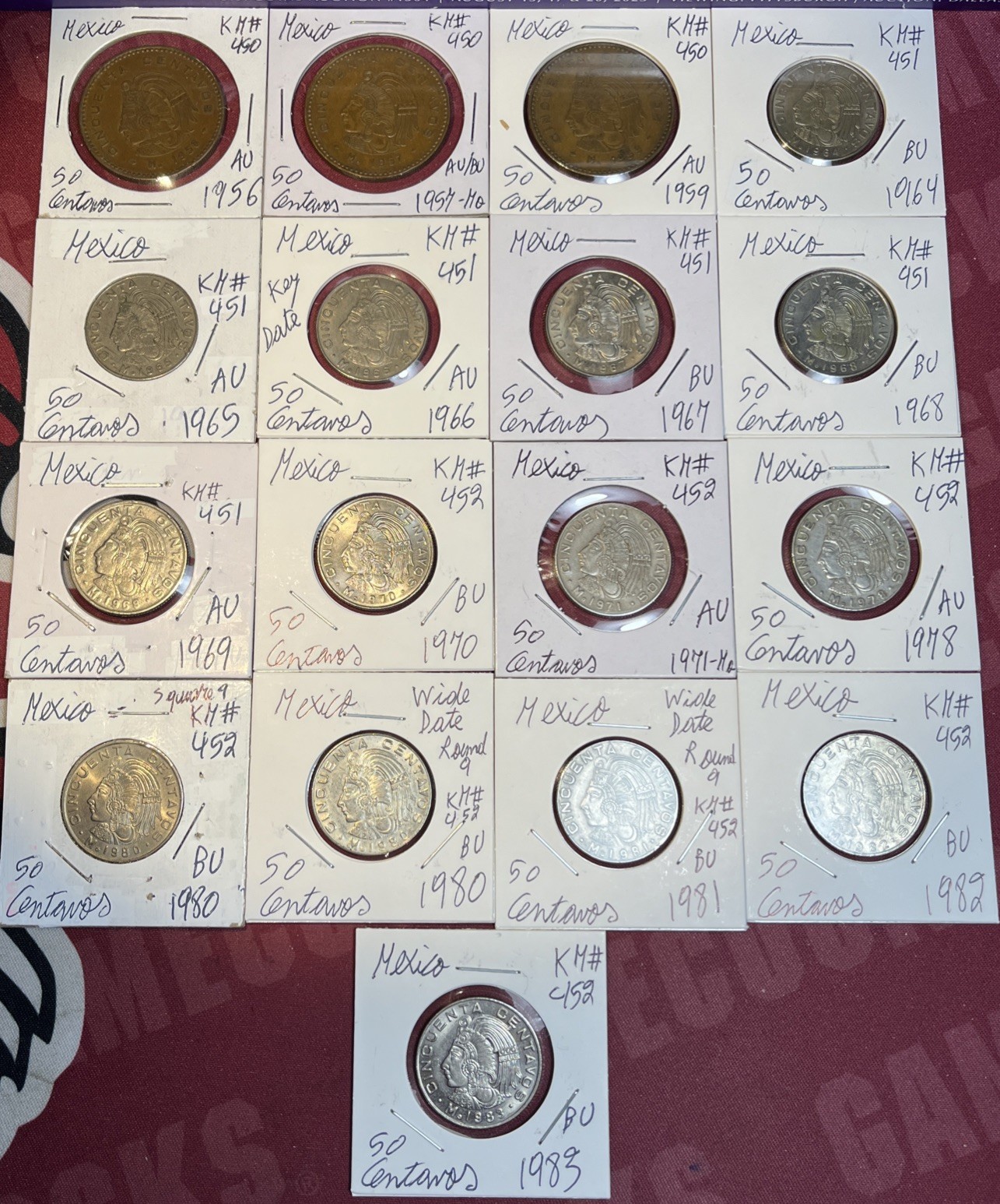Mexico 1956 - 1983 Fifty 50 Centavos High Grades XF - BU Condition 17 Coin Lot