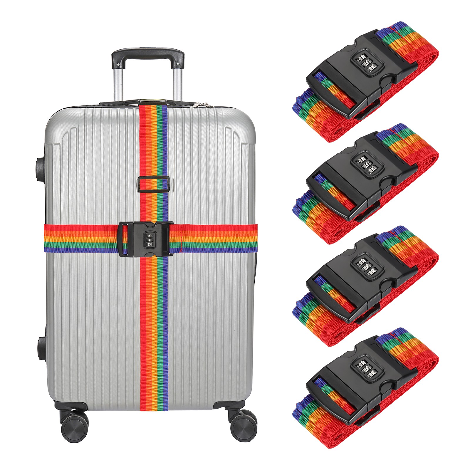 4pcs Luggage Straps with Combination Lock Adjustable Suitcase Belt, Rainbow