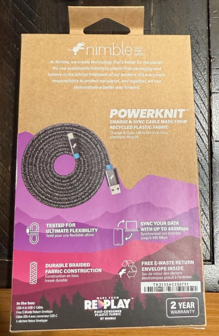 Nimble Powerknit USB-A to USB-C Cable 5.9FT for iPhone/Android -GRAY -BRAND NEW