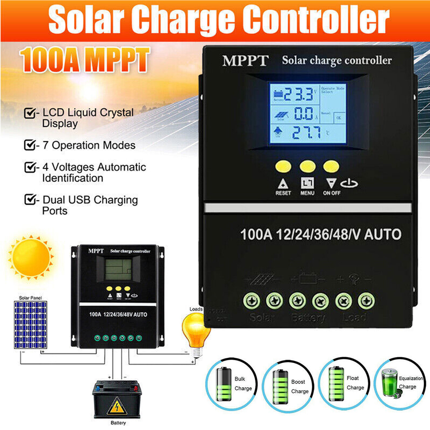 4000W 100A MPPT Solar Charge Controller 12V/24V/36V/48V Battery PV Regulator USB