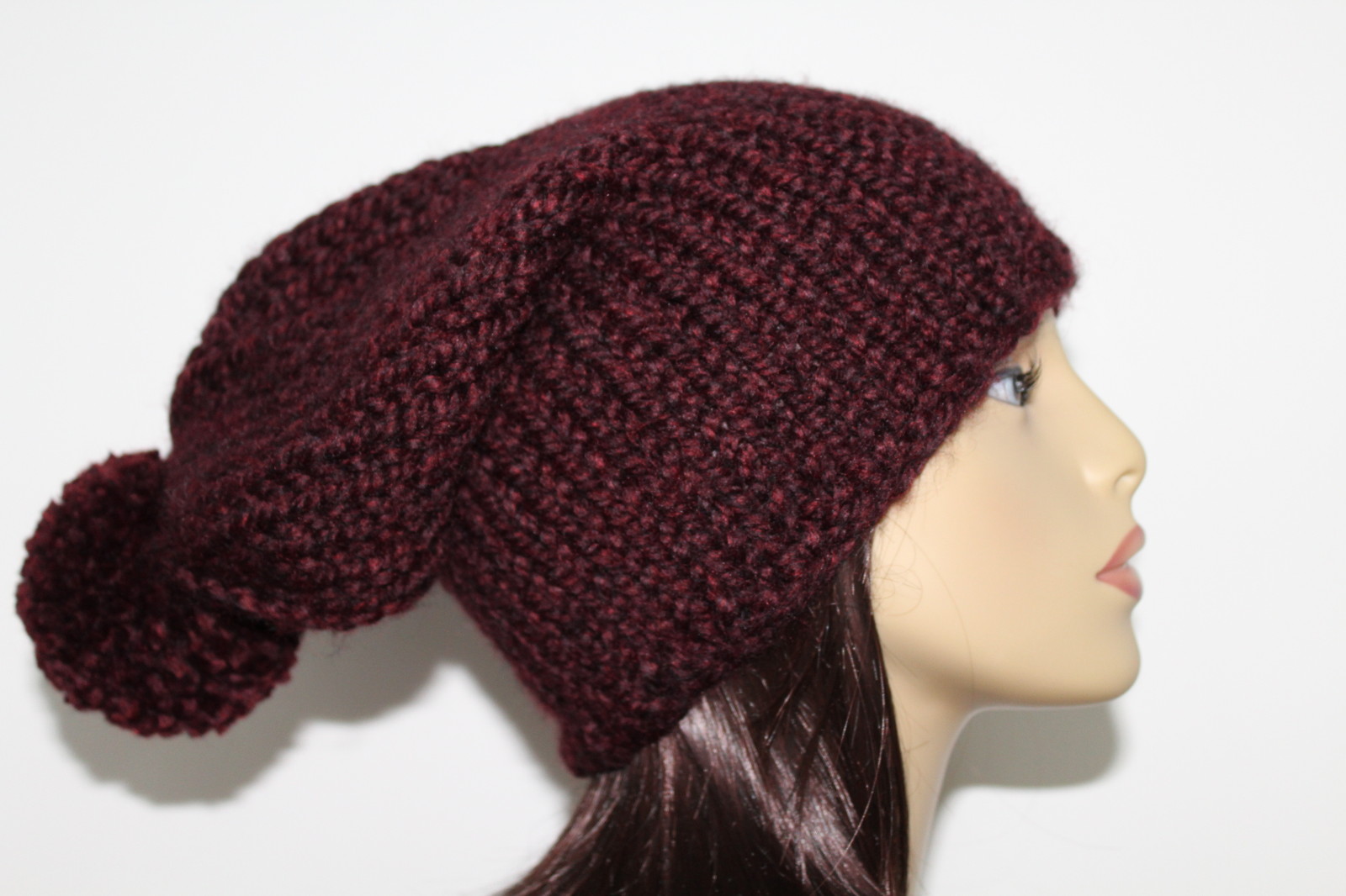 Chunky Hand Knit Unisex Burgundy Wine Slouchy Beanie Pom Pom Handmade Hat