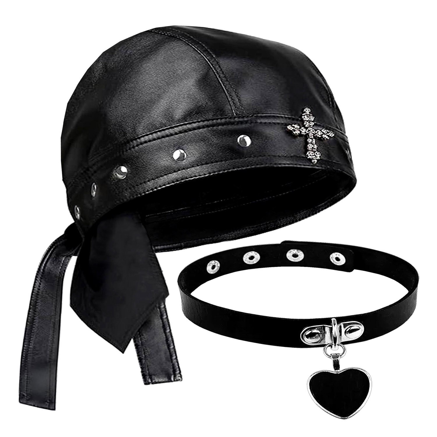 Punk Rock Skull Studs Doo Rag Biker Bandana With Necklace Design