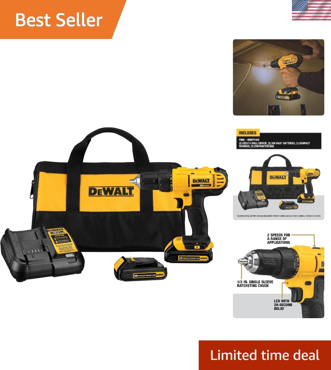 20V Max Cordless Drill/Driver Kit with Dual Batteries and Charger