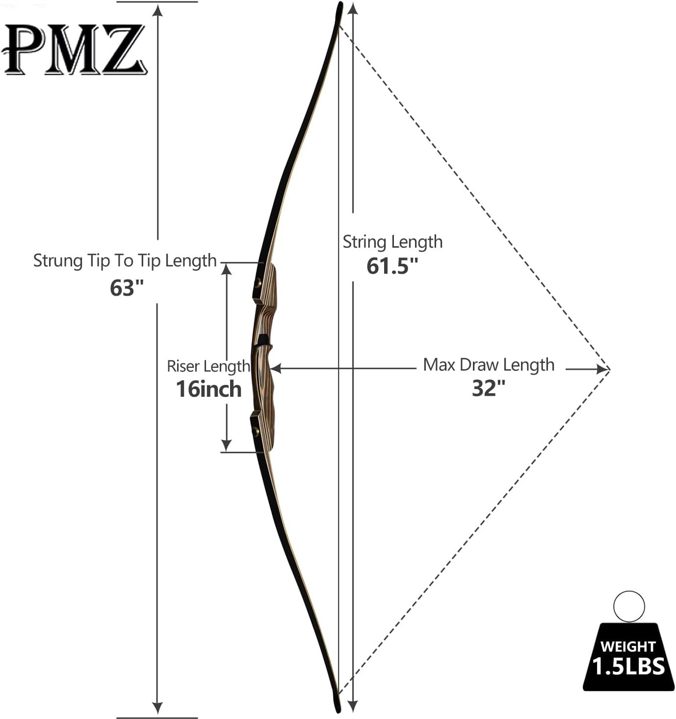 PMZ Archery Takedown 64" Traditional Recurve Bow 30lbs for Adult Hunting