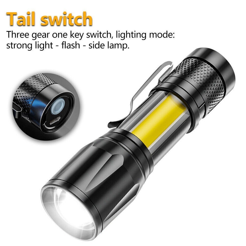 2Pcs Mini LED Torch Light USB Rechargeable Zoomable Flashlight Camping Lamp
