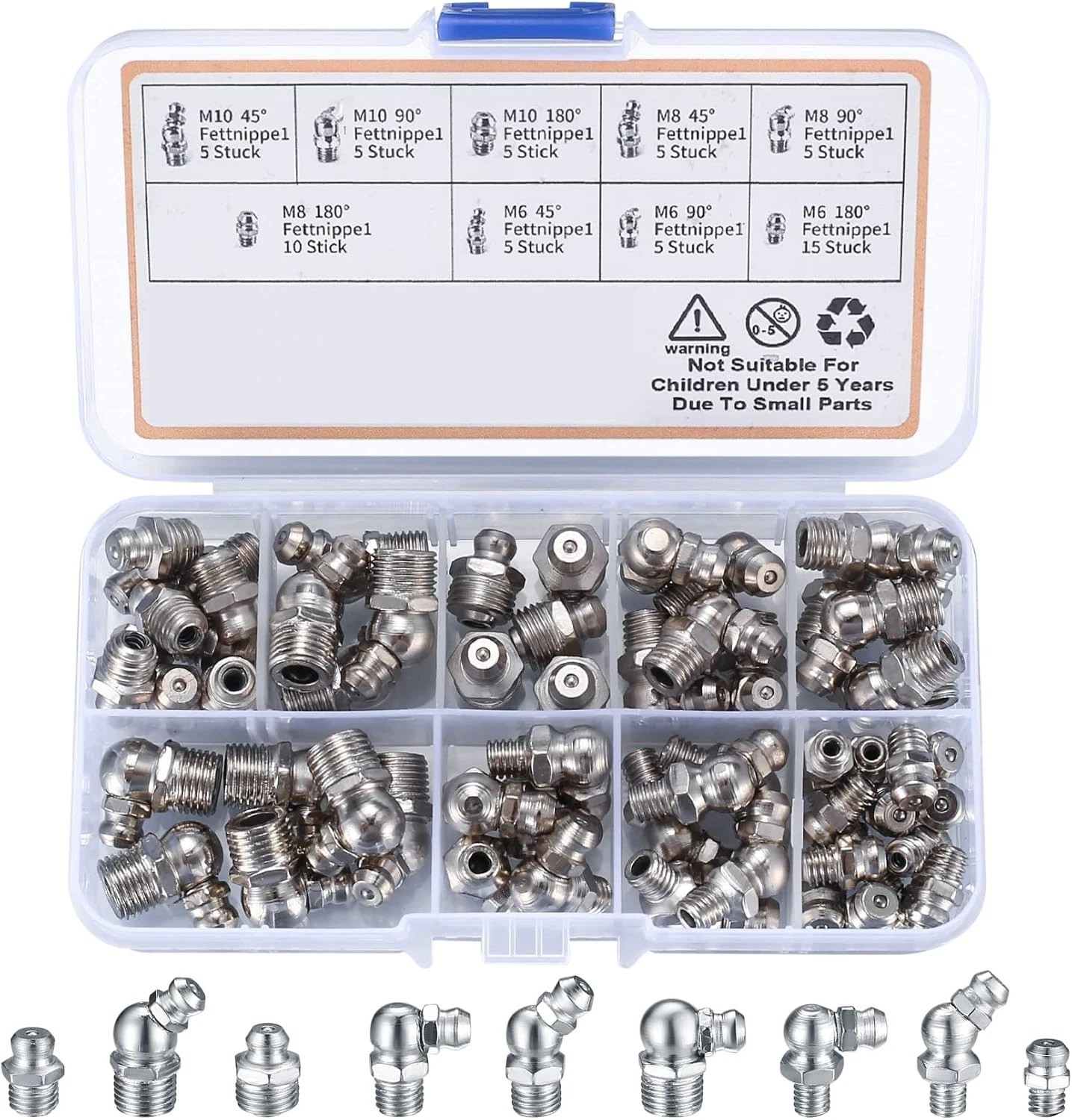 60Pcs Metric Grease Fittings Kit,Straight and Angled Grease Zerk Kit, M6 M8 M10