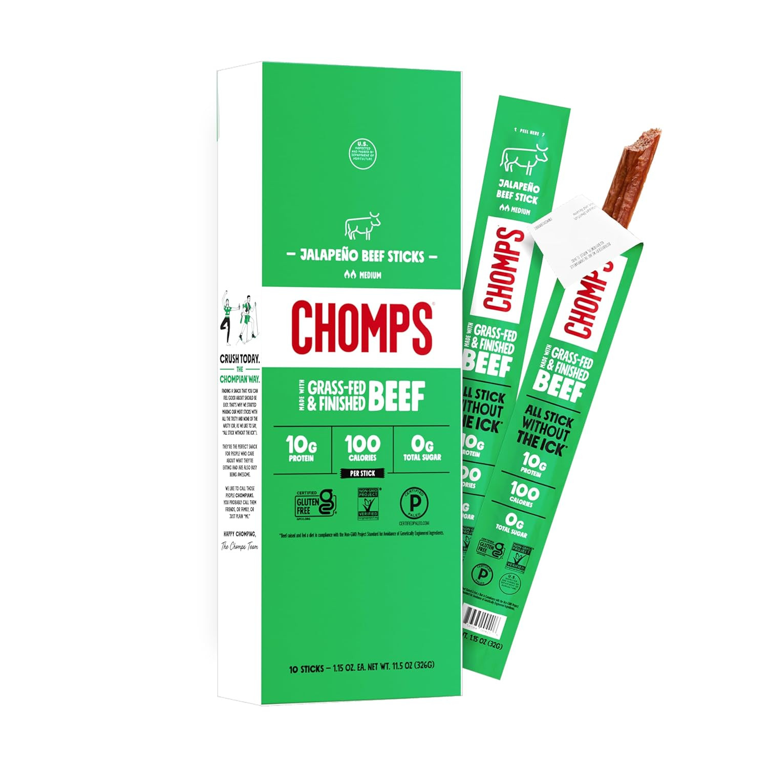 Grass-Fed and Finished Jalapeño Beef Jerky Snack Sticks 10-Pack - Keto, Paleo, W