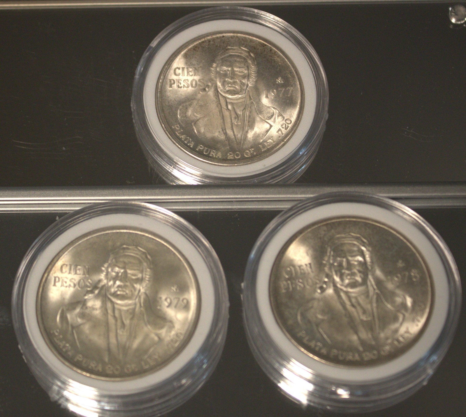 Mexico 1977-1978-1979 Cien Pesos .720 Silver Coins  3 Perfect Coins