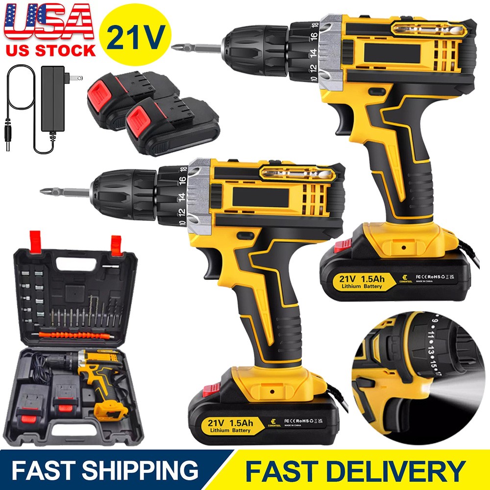 Cordless Brushless Impact Driver Hammer Drill Combo Kit with 2 Battery & Charger