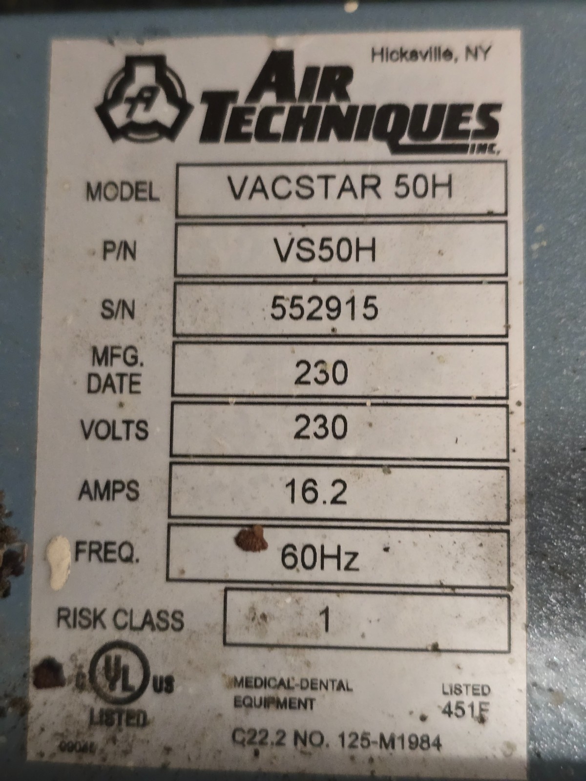 Air Techniques VacStar 50H Dental Vacuum Pump Operatory Suction System