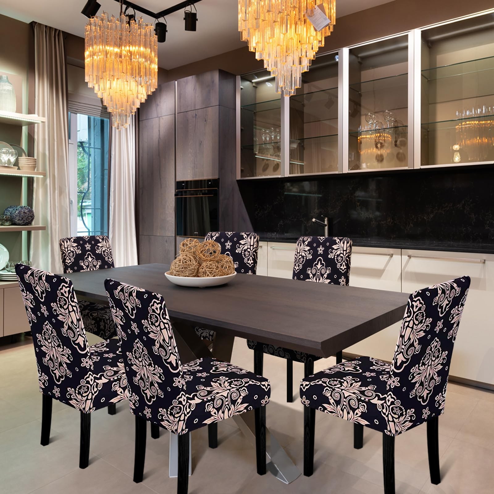 Fafua Chair Covers, Stretch Kitchen Covers/Dining Black Flower