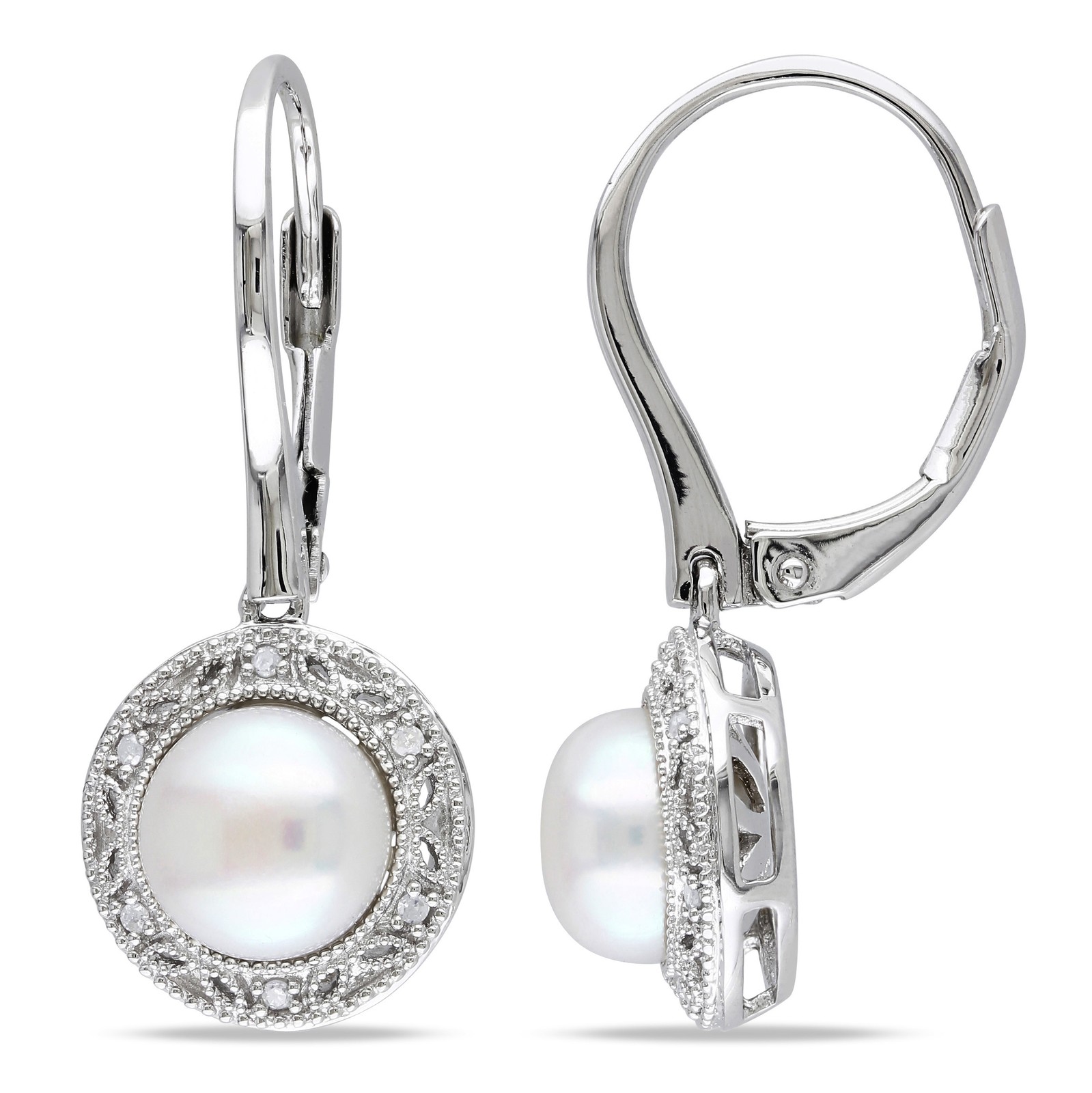 Amour Sterling Silver 7.5-8 mm White Pearl and Diamond Filigree Halo Earrings