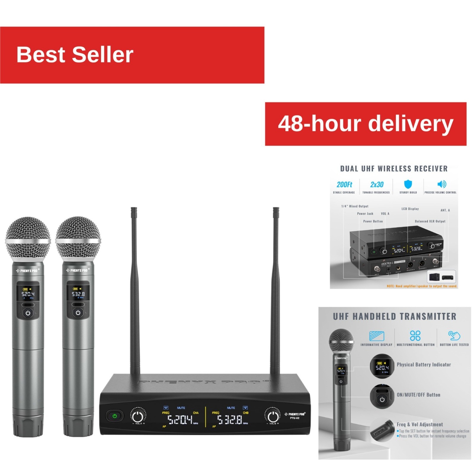 Phenyx Pro Dual UHF Wireless Microphone System PTU-52-2H - 200 ft Range