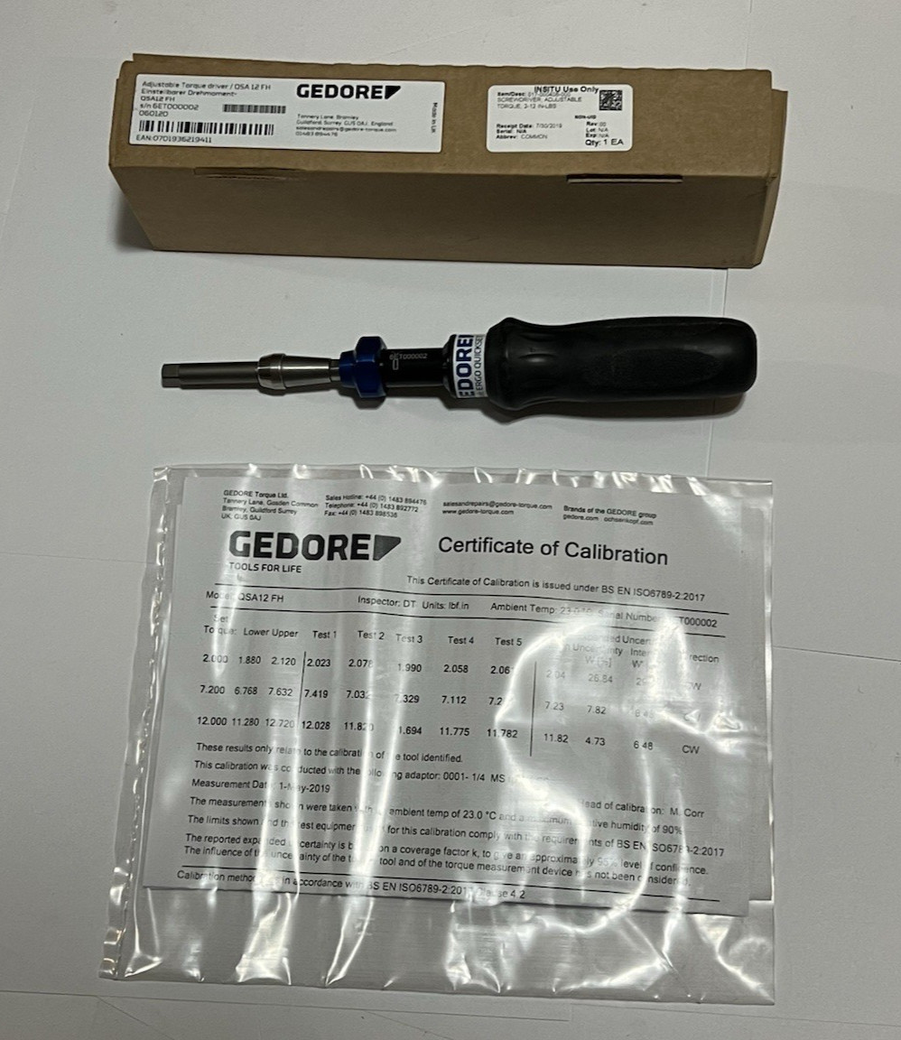 Gedore QSA12FH Hex Bit Adjustable Torque Screwdriver 2-12 In/Lb Box Paperwork
