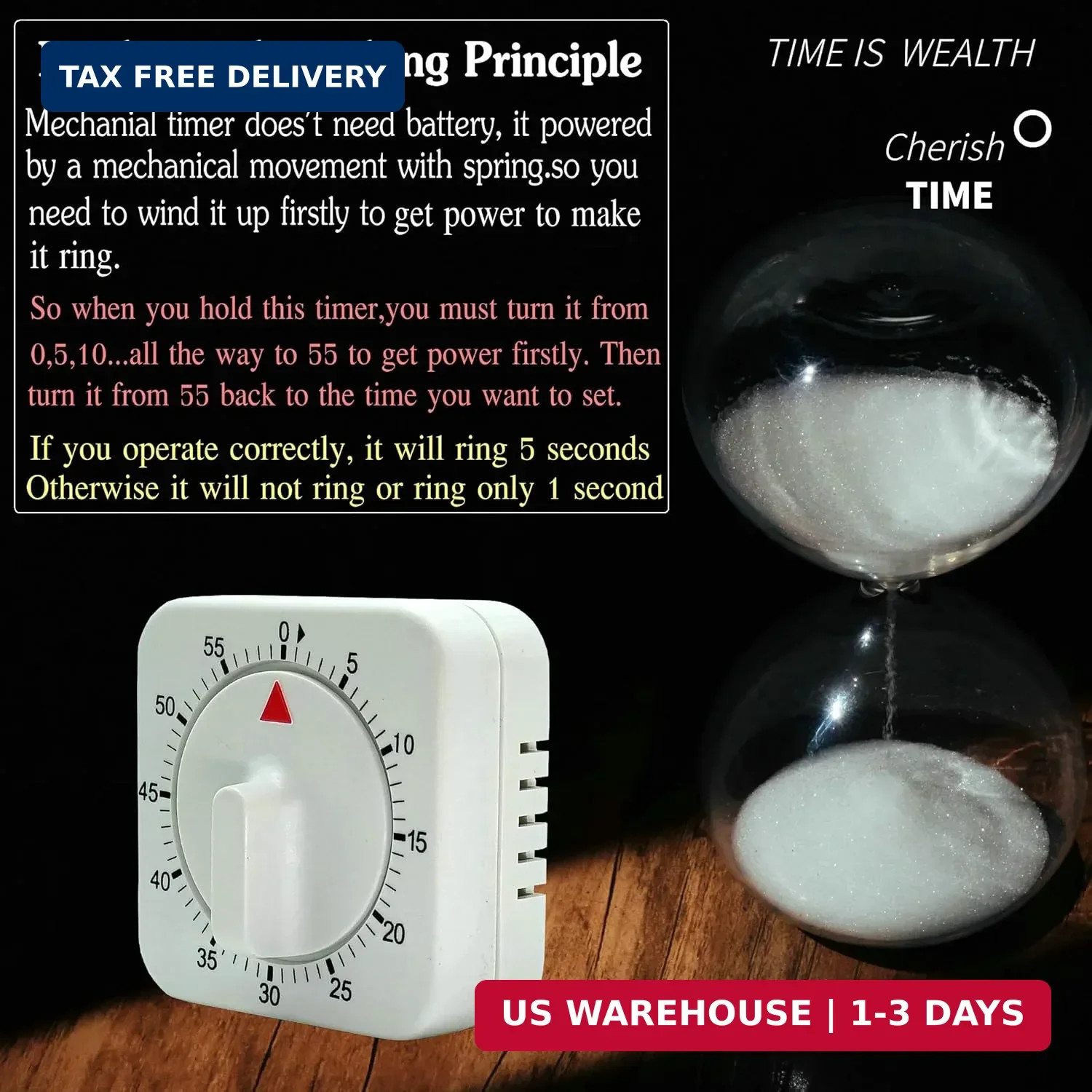 Square 60 Minute Mechanical Kitchen Timer Visual Countdown Loud Alarm White