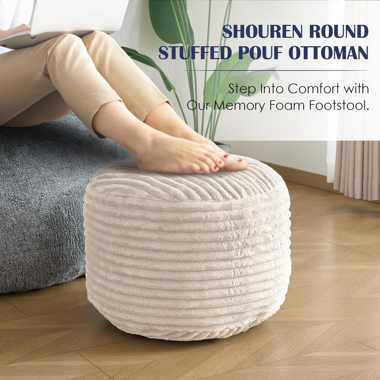 SHOUREN Round Pouf Ottoman Corduroy Foot Rest Fluffy Storage 20x15in Beige