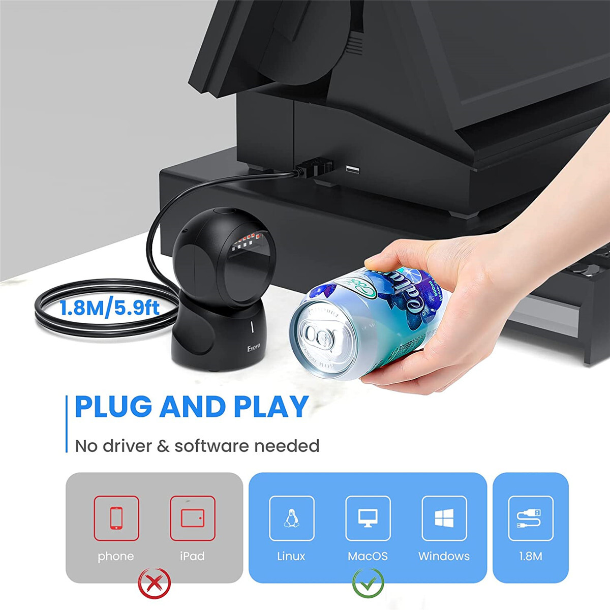 QR 2D Hands-Free Omnidirectional Automatic Sensing USB Desktop Barcode Scanner