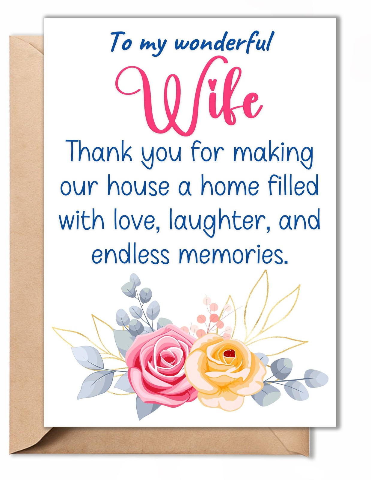 Mothers Day Card for Wife from Husband – Romantic 5x7 Folded Card with Env