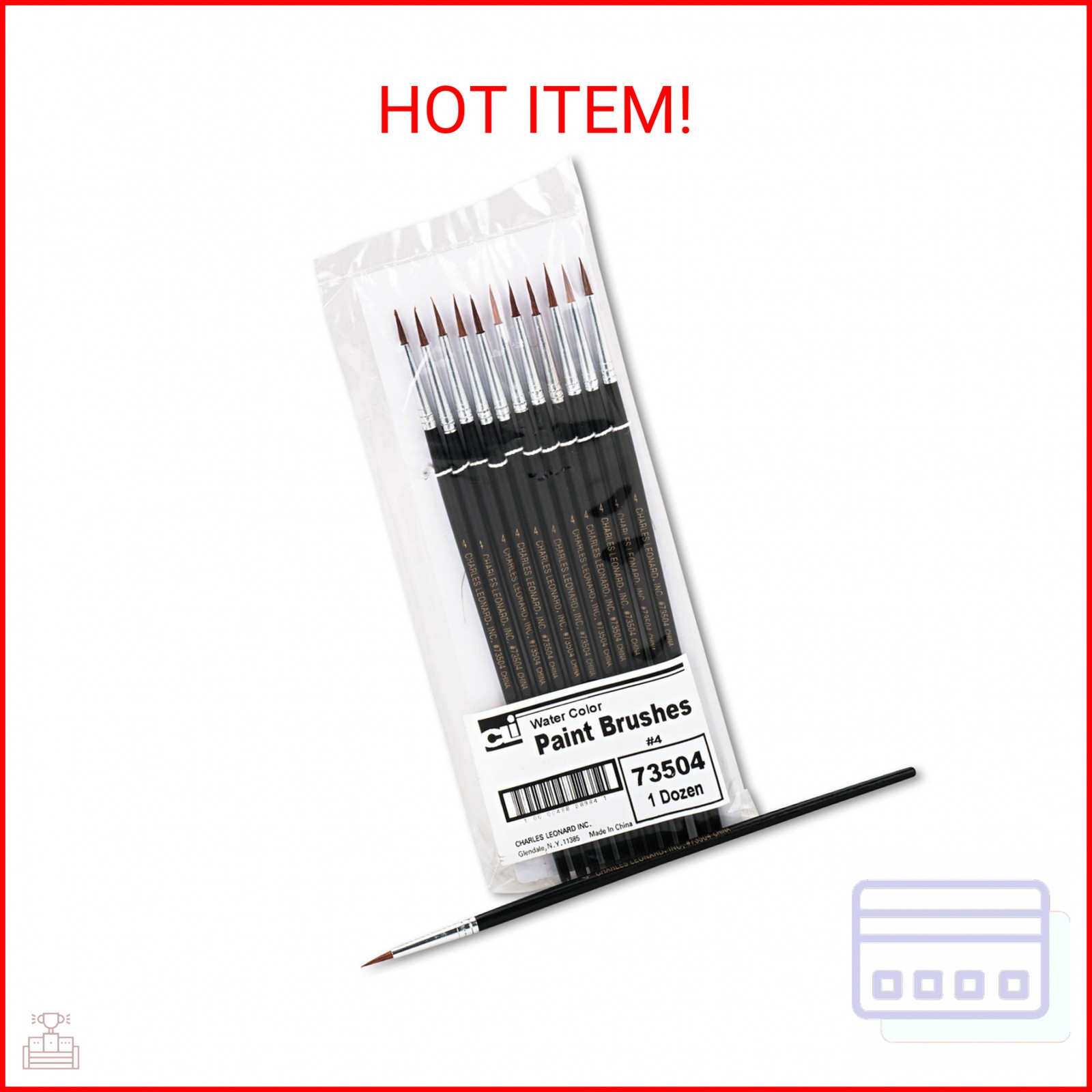 Charles Leonard Water Color Paint Brushes with Round Pointed Tip, # 4, 0.56 Inch