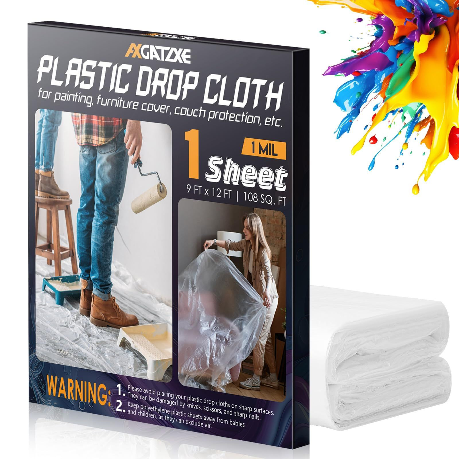 12 x 9 Ft Plastic Drop Cloths-1 Mil(1-Pack - Disposable 1-Pack, Clear