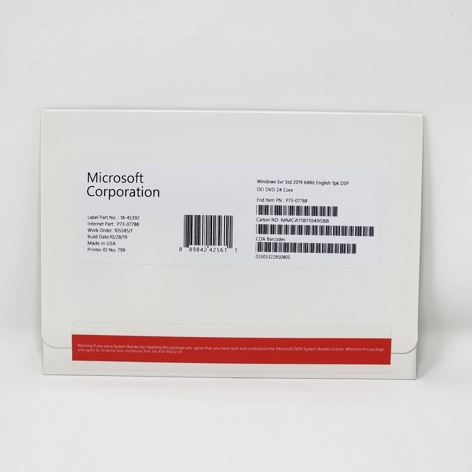 Microsoft Windows Server 2019 Standard 24 Core DVD + Key New