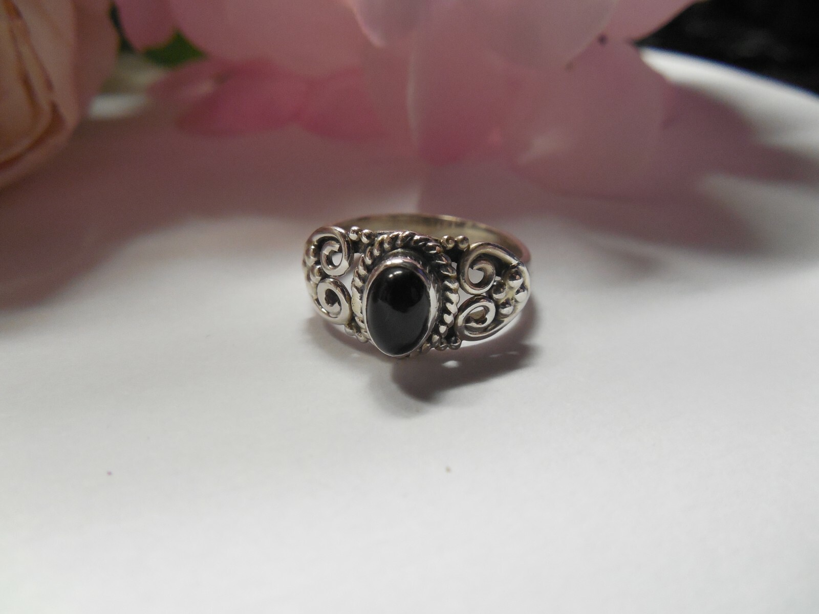 Black Onyx  Oval Filigree Braided Rope Ring .925 Sterling Silver Sz 5