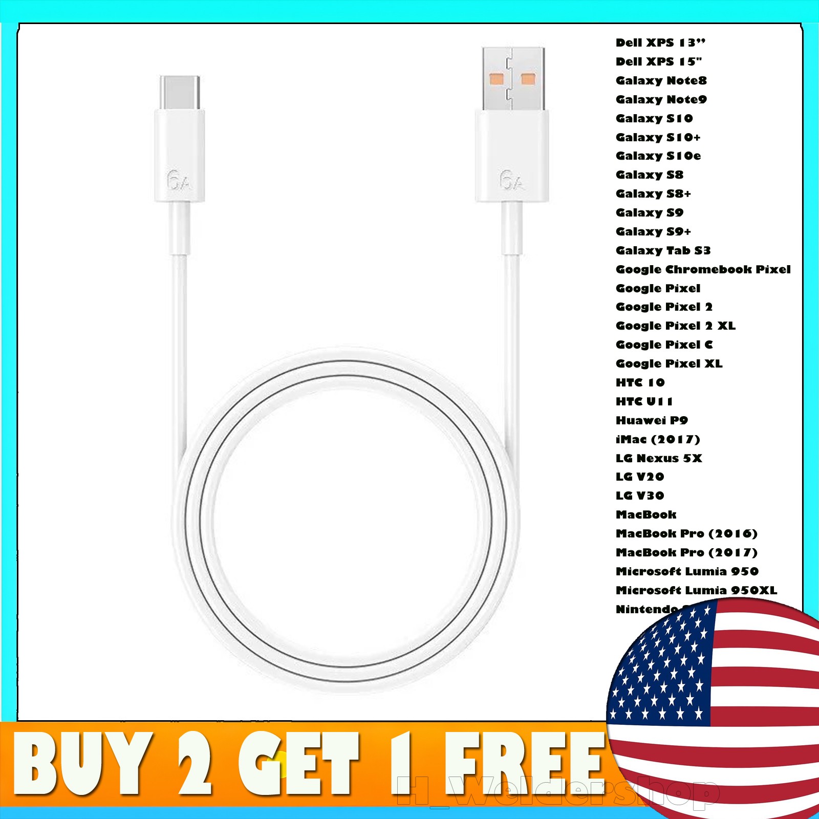 Hand Phone USB Type-C Data Cable 6A Fast Charging USB-A to USB-C Chager Cord US