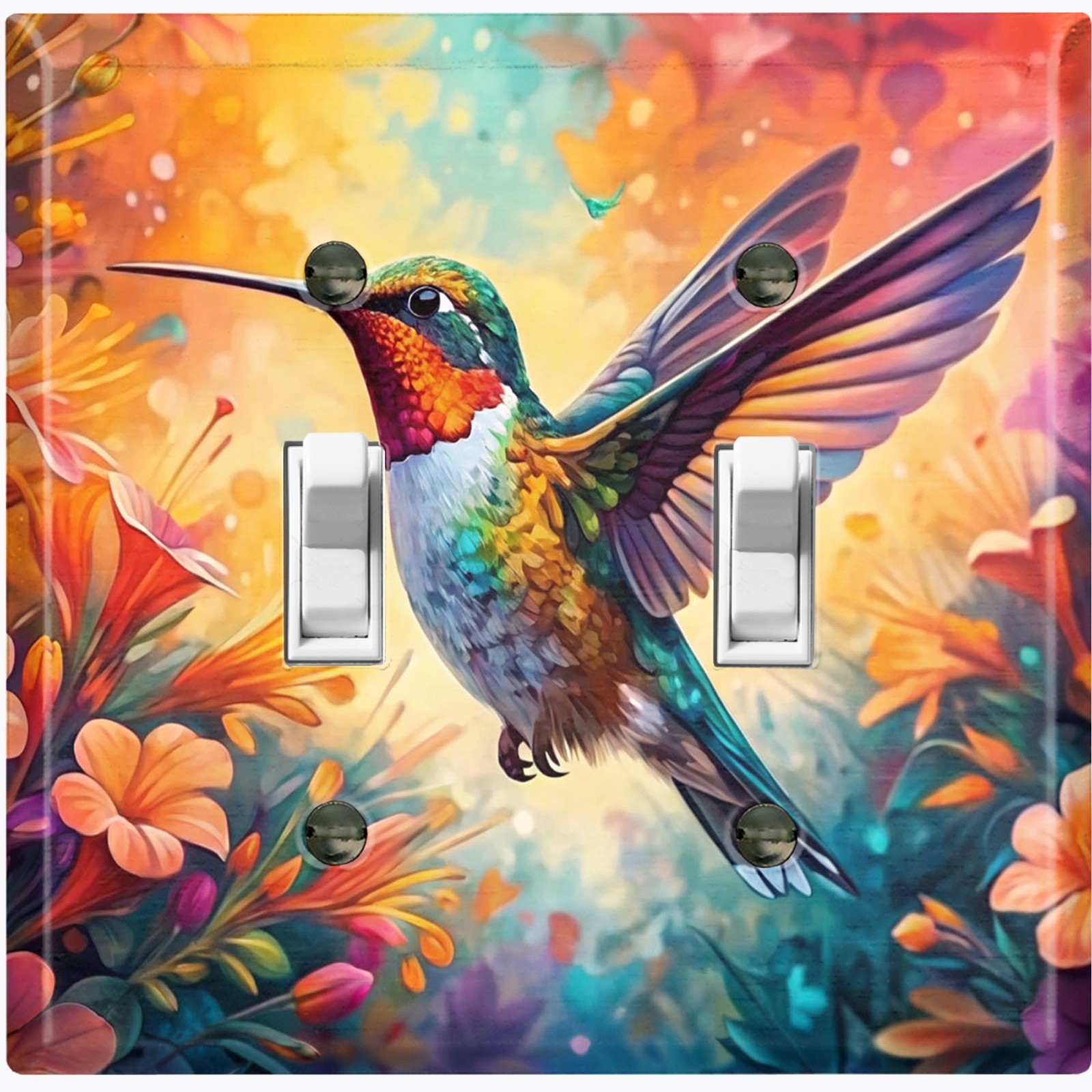 Metal Light Switch Outlet Cover Wall Plate Colorful Hummingbird Flowers AML212
