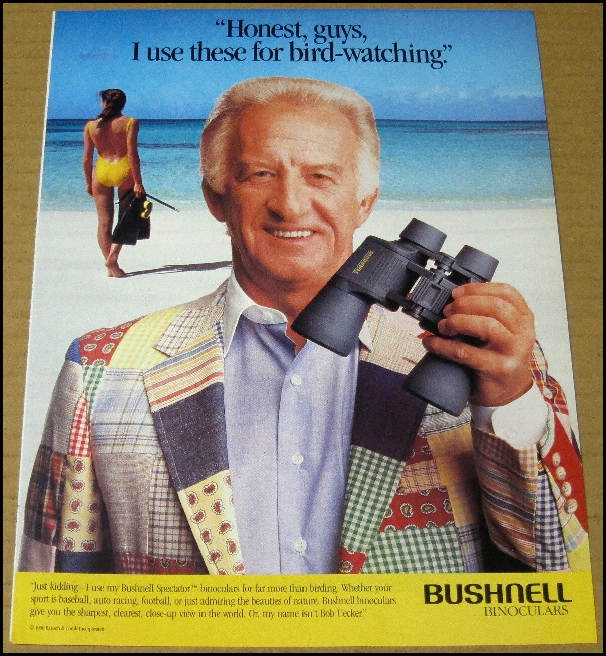 1990 Bob Uecker Bushnell Binoculars Print Ad Advertisement Mr. Baseball Vintage