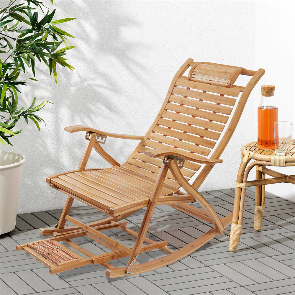 Heavy Duty Folding Rocking Chair Bamboo Living Room Indoor Outdoor Furniture US