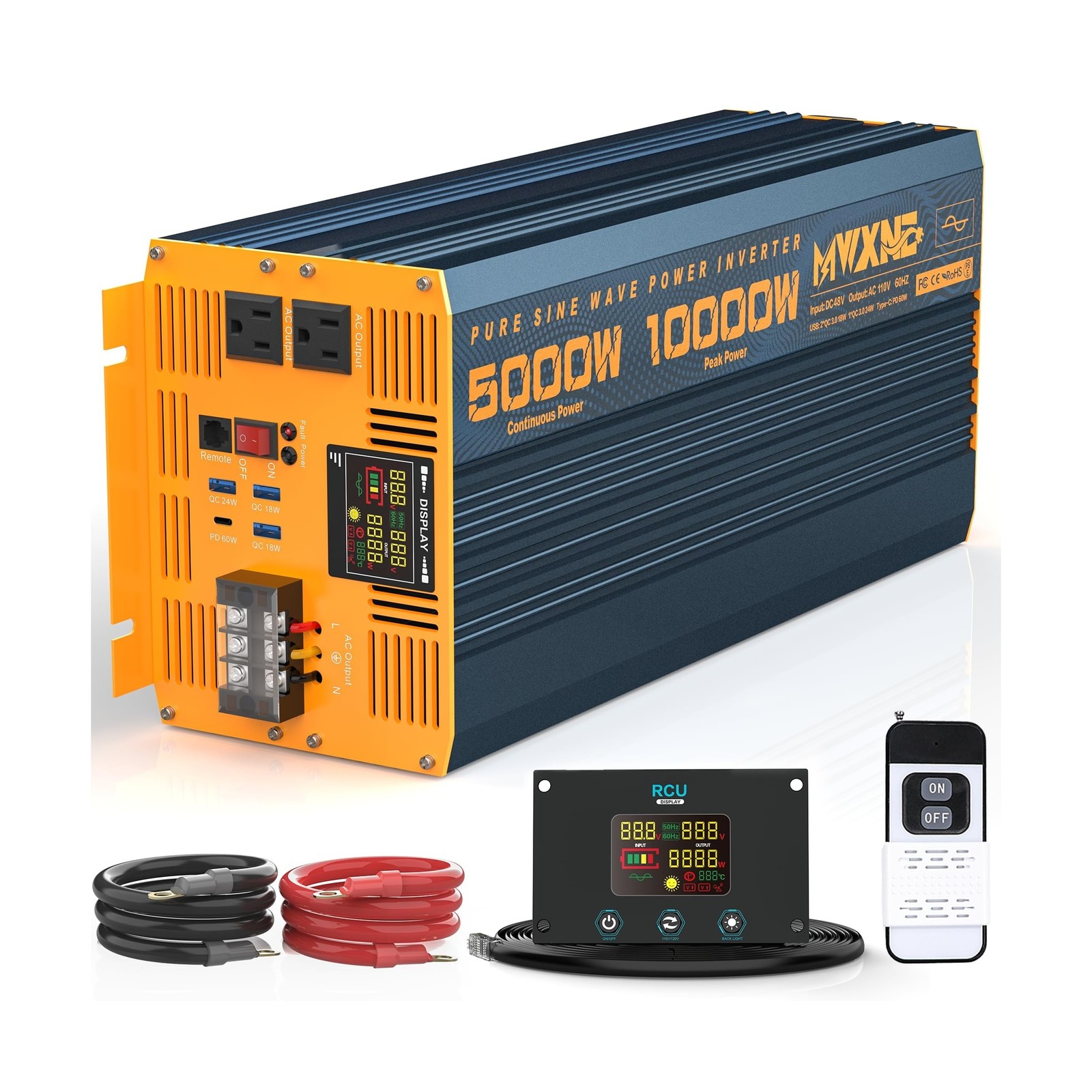 5000 Watt Power Inverter Pure Sine Wave 48V DC to 110V 120V 10000W Peak Heavy...