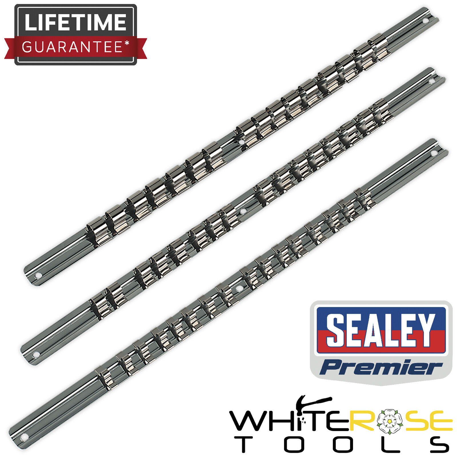 Sealey Socket Retaining Rail Set 3pc 1/4", 3/8" & 1/2"Sq Drive Premier