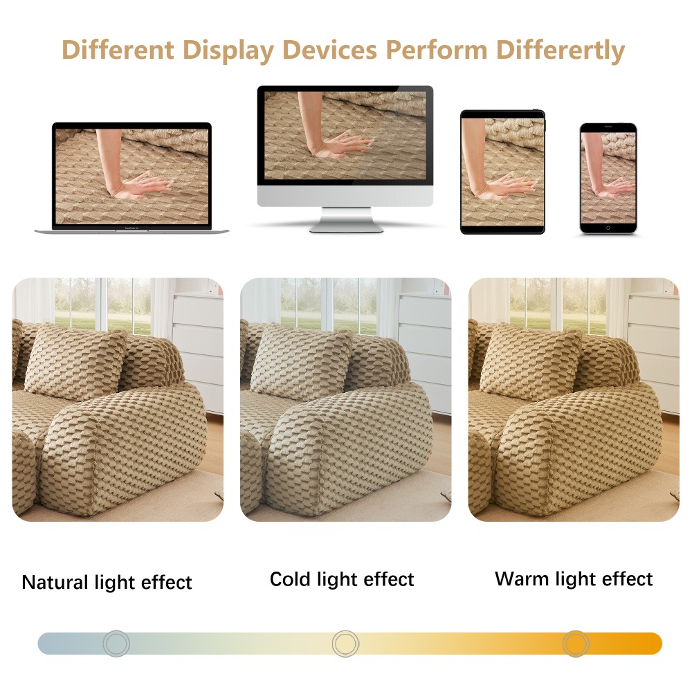 114" Modular Sofa Compressed Couch w/ Flannelette Fabric, 3-Seater, Light Camel