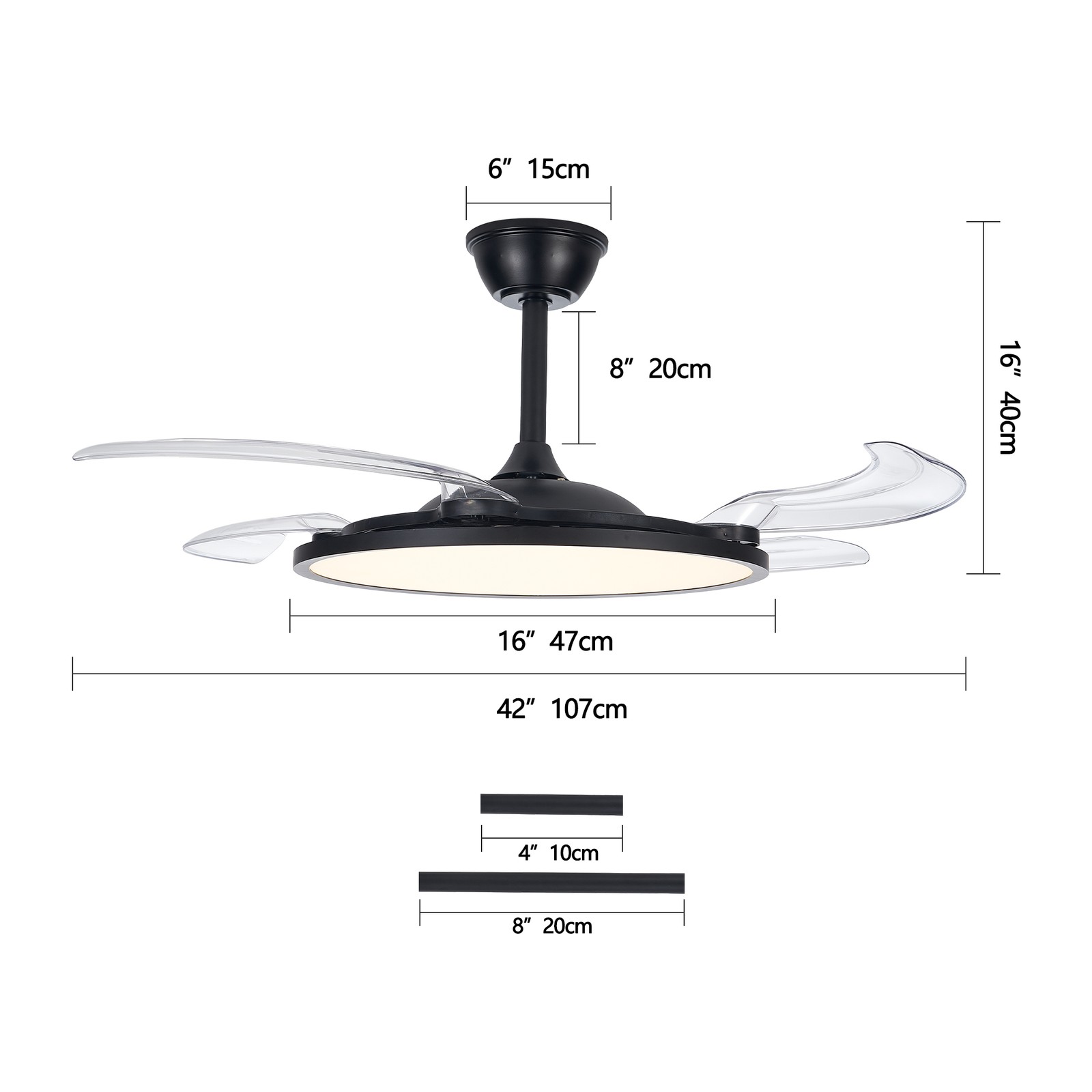 42 inch Black Low Profile Retractable LED Ceiling Fan Remote Control with Light