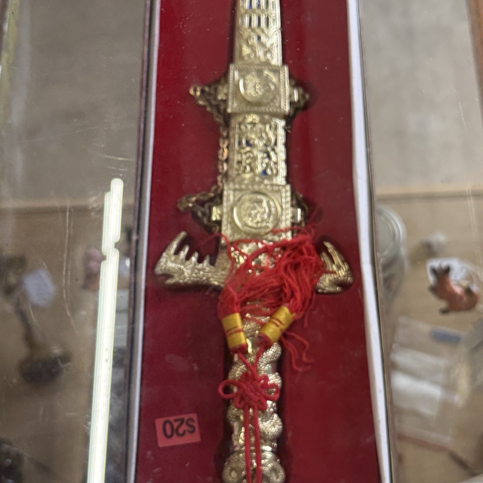 Ornate Gold Dirk Dagger with Red Tassel, Metal Handle, Display Case