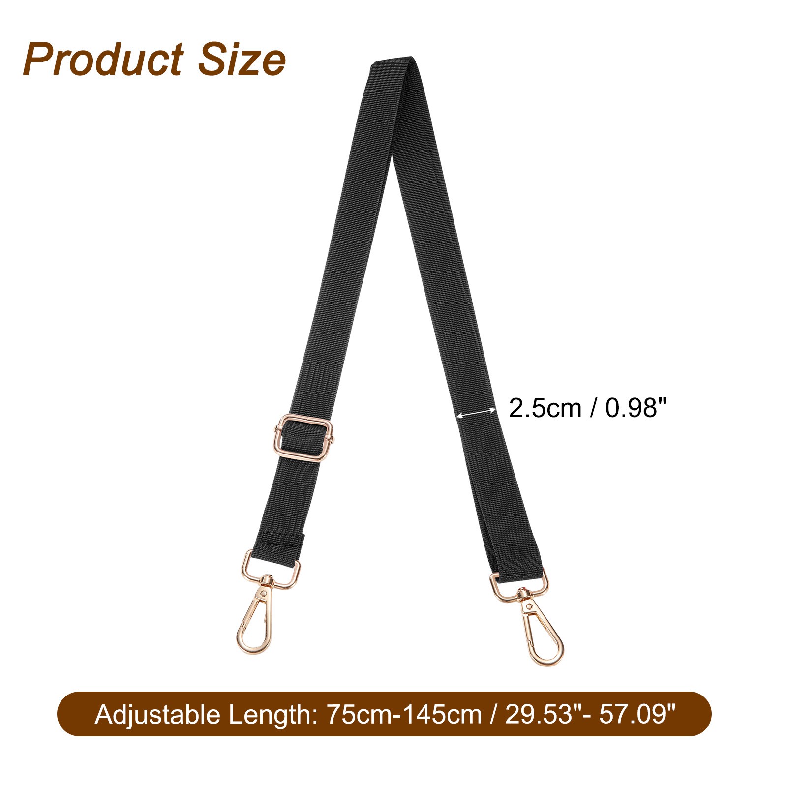 2.5cm Adjustable Black Wide Shoulder Strap with Light Gold Pull Core Buckle