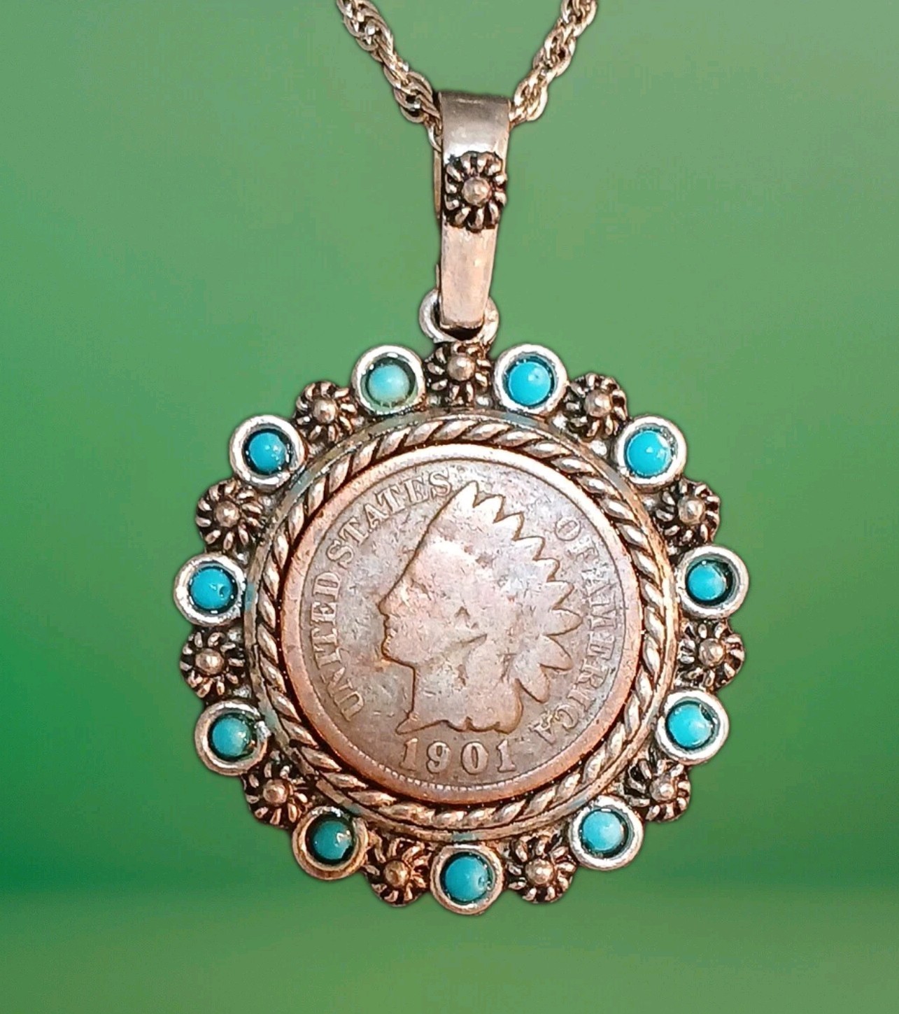 1901 Indian Head Penny Coin Pendant W/ Faux Turquoise Beads On 24" Chain