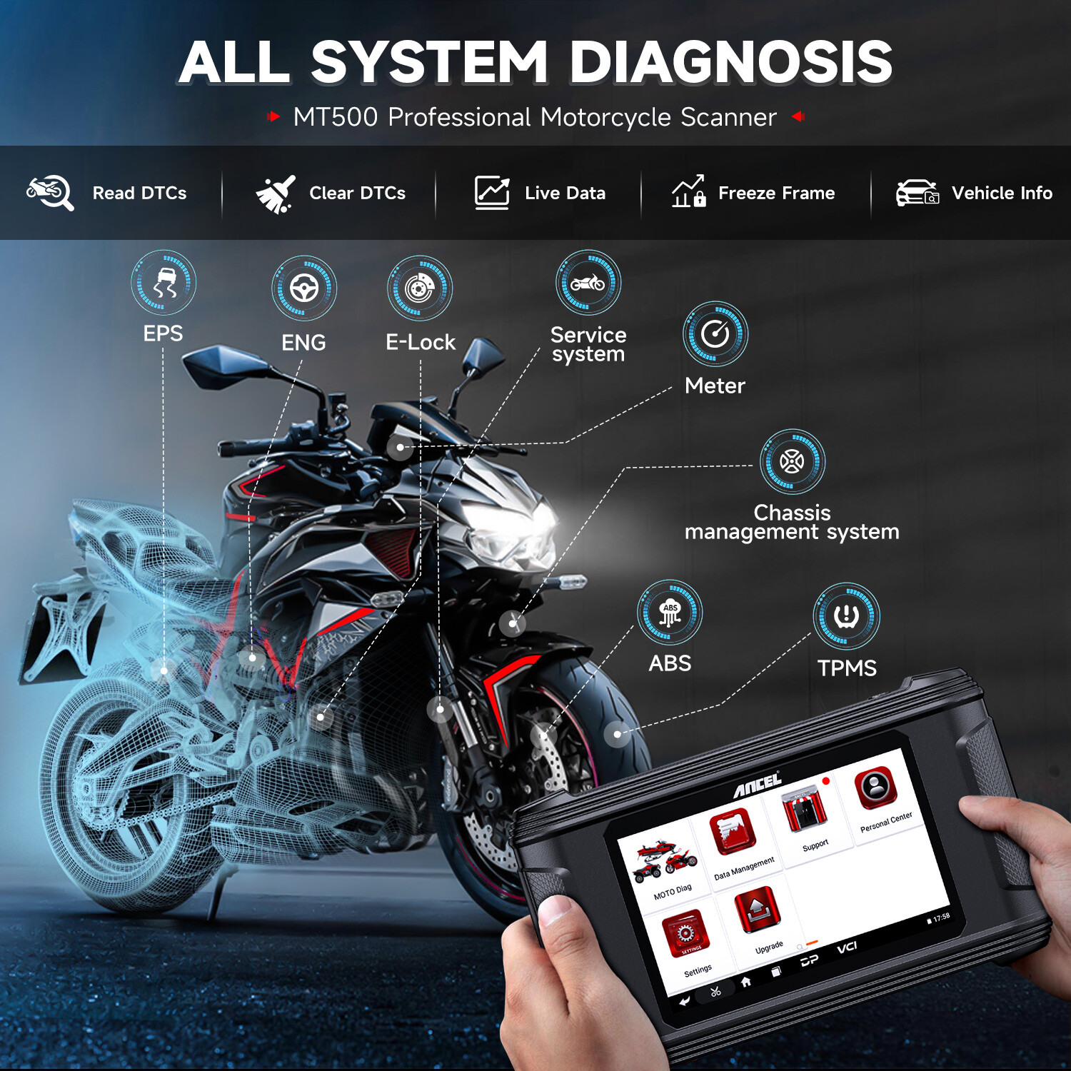 ANCEL MT500 PRO Motorcycle Diagnostic Tool OBD2 Scanner Code Reader ABS TPMS SRS