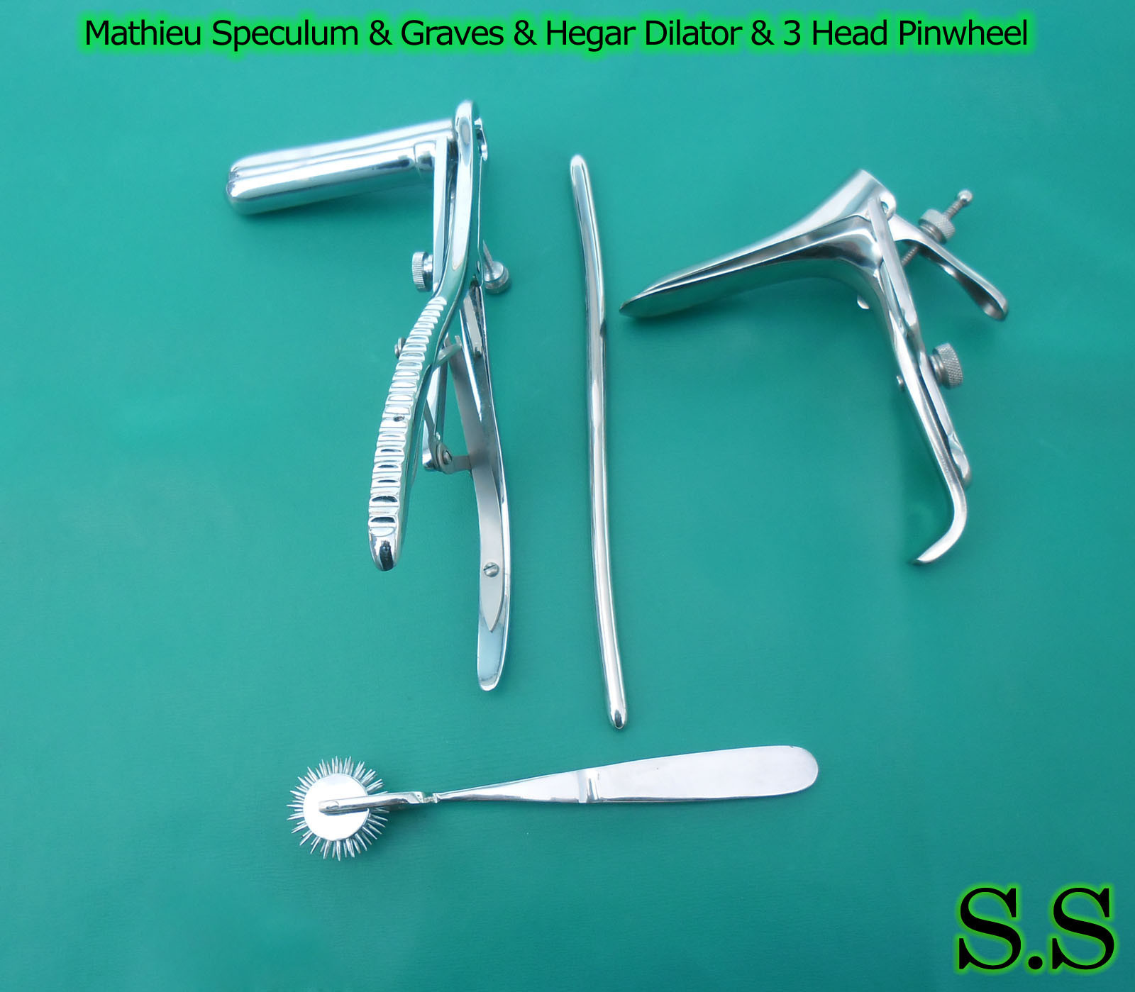 Mathieu Speculum Hegar Dilator 3 Head Pinwheel & Graves Speculum Small