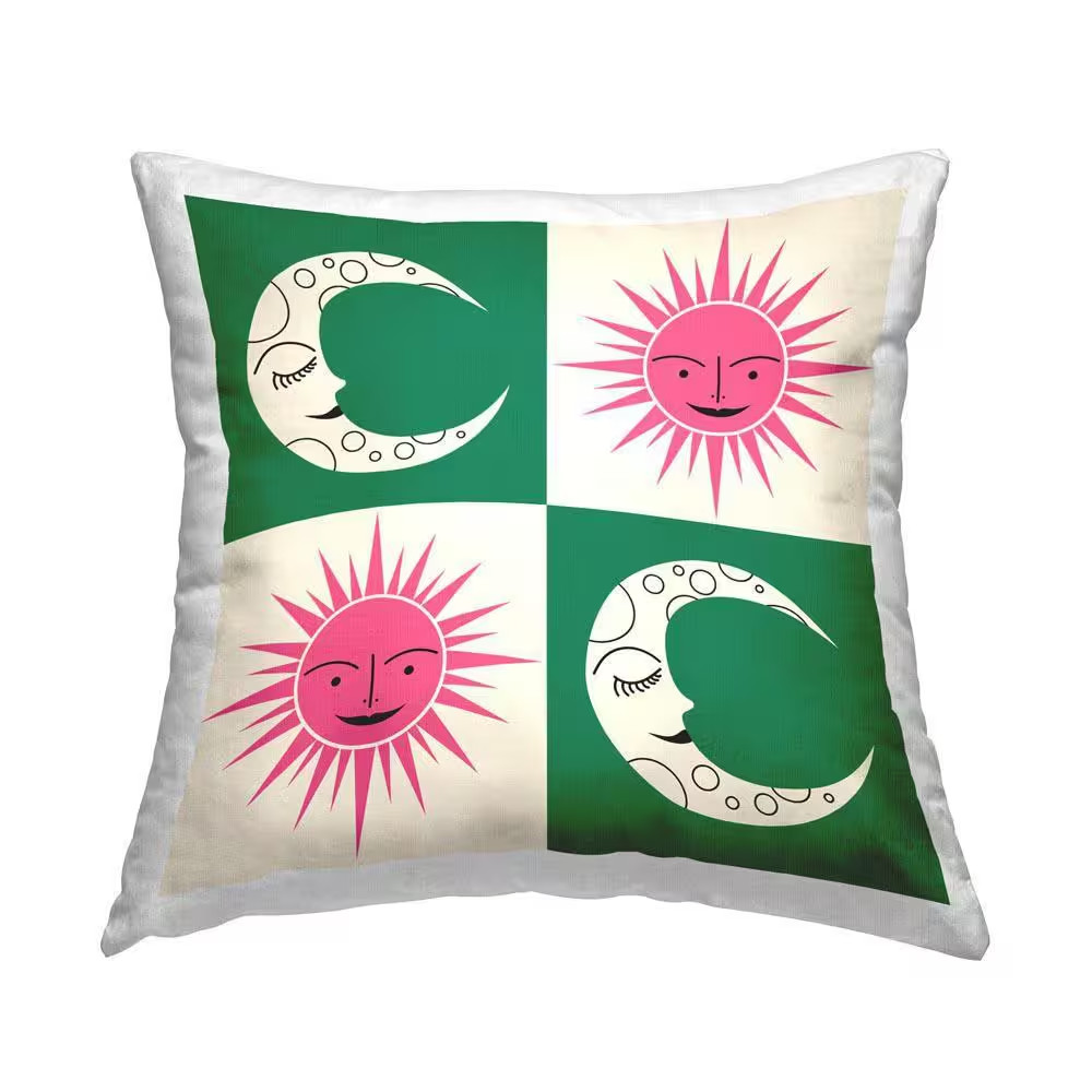 Alternating Sun and Moon Green Geometric Polyester 18 In. X 18 In. Throw Pillow