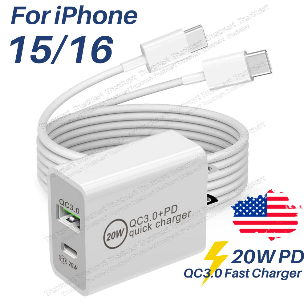 PD USB-C Fast Charging Cable 20W Type-C Wall Charger for iPhone 15 / 16 Pro Max
